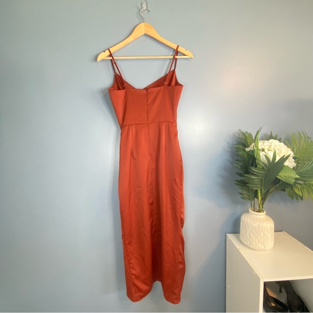 Showpo Burnt Orange Satin Cowl Neck Midi Dress - Picture 3 of 10